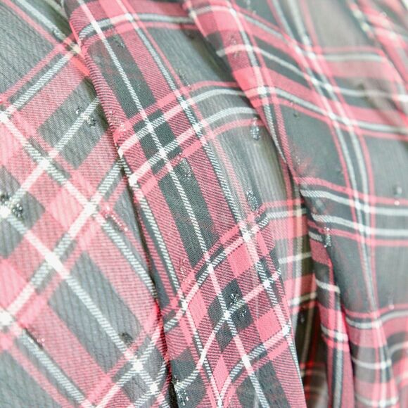 Torrid Size 0 / L Chiffon Lurex Ruched Sleeve Blouse Plaid Red Black - Picture 8 of 10